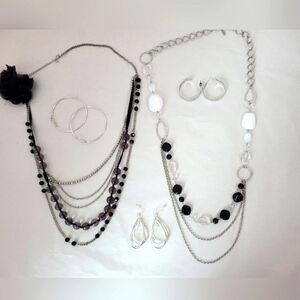 5 Piece Jewelry Bundle Black Silver Diamonds Kitschy Flapper 50s Gatsby Hoop